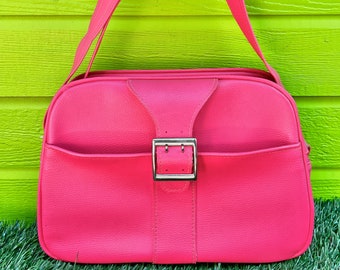 True Vintage Mid Century Bright Pink Soft Overnight Bag// Barbie Pink Mod Shoulder Bag//1970s Mod Travel Bag//Made by Shwayder Bros//