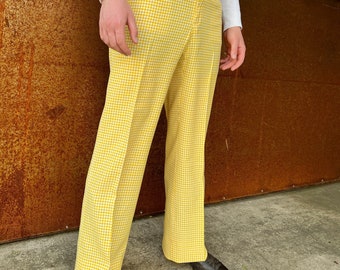 True Vintage Mens Plaid Golf Pants//Bright Yellow and White Gingham//Bias Cut back Pockets//High Rise Waist//Caddyshack Style 1970s//34 x 32