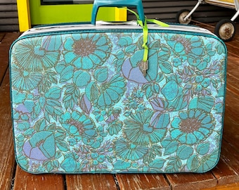 Vintage 1960s-70s Rare Samsonite Fashionaire Teal, Green&Gold Floral Faux Leather Suitcase//Flower Power//Has Key