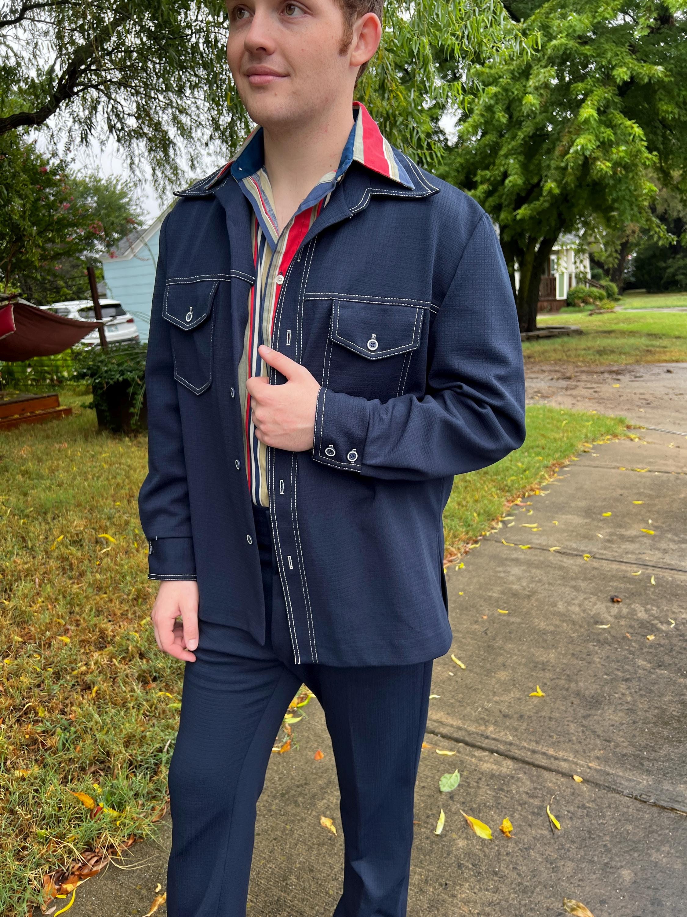 Vintage 1970s Navy Blue Leisure Suit: Mod Knit Set, Size 46R 36x32