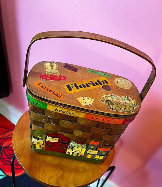 True Vintage 1960s Caro nan Basket Purse adorable Original Caro nan Hand painted Wood Tourist Basket Bag 1960s Dallas TX Iconic Locations Etsy