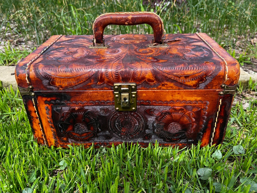 Vintage Tooled Leather Train Case //western Travel Makeup Bag Etsy