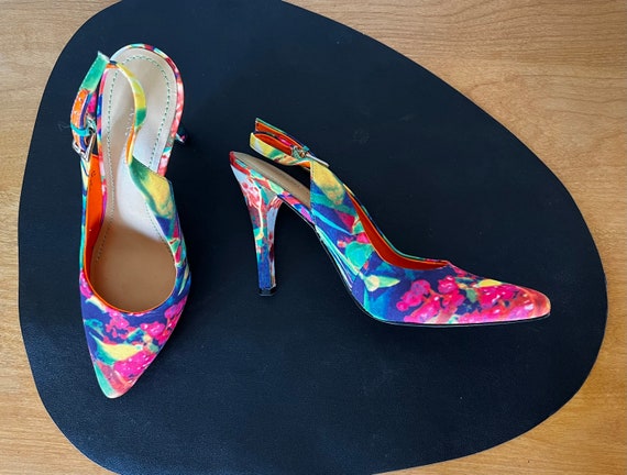 90s High Heel Floral Slingback Pumps//Bright Flor… - image 1