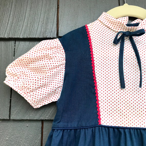 Vintage 1970s Girls Dress//Navy with  Red+White p… - image 2