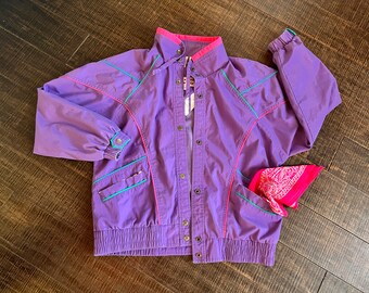 True Vintage 1980s-90s Purple Oversized Funnel Neck Jacket//Pink, Green + Teal Piping//Raglan Sleeve Oversize Mid-Weight Jacket//Snap Front