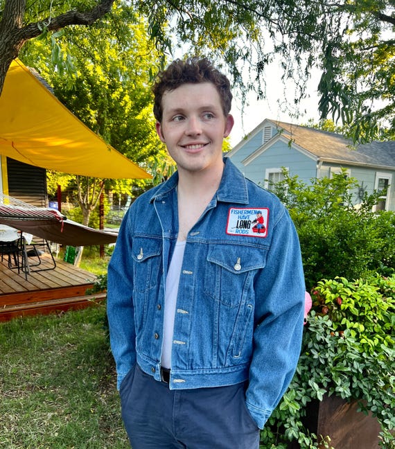 Vintage 90s Wrangler Denim Trucker Jacket, Fishing Patch, Boxy