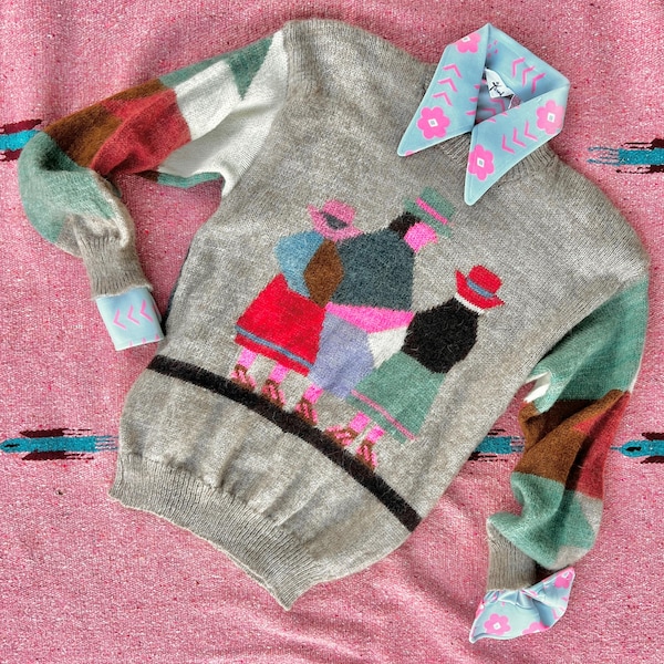 Vintage angoraulltröja, peruansk folkkonst, geometrisk design (M-L)