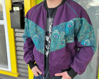 Vintage Authentic 1990s Purple+ Teal Canvas Workwear Bomber Jacket//Peacock feather print insert//Teal Piping//Insulated lining//US XL