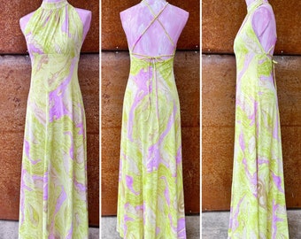 True Vintage 1970s Mod Psychedelic Lavender & Green Print Dress + Blouse Set/Halter Maxi Dress with Spaghetti Straps in Back/Long Slv Blouse