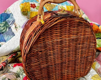 Vintage 1970er Jahre Korb Geldbörse Stoff gefüttert Cottage Kern Weide Handtasche