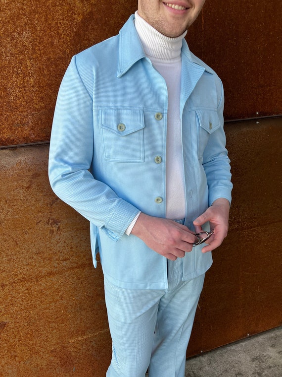 1970s Sky Blue Houndstooth Polyester Classic Leisure Suit – Double Knit Flares, Notched Lapels