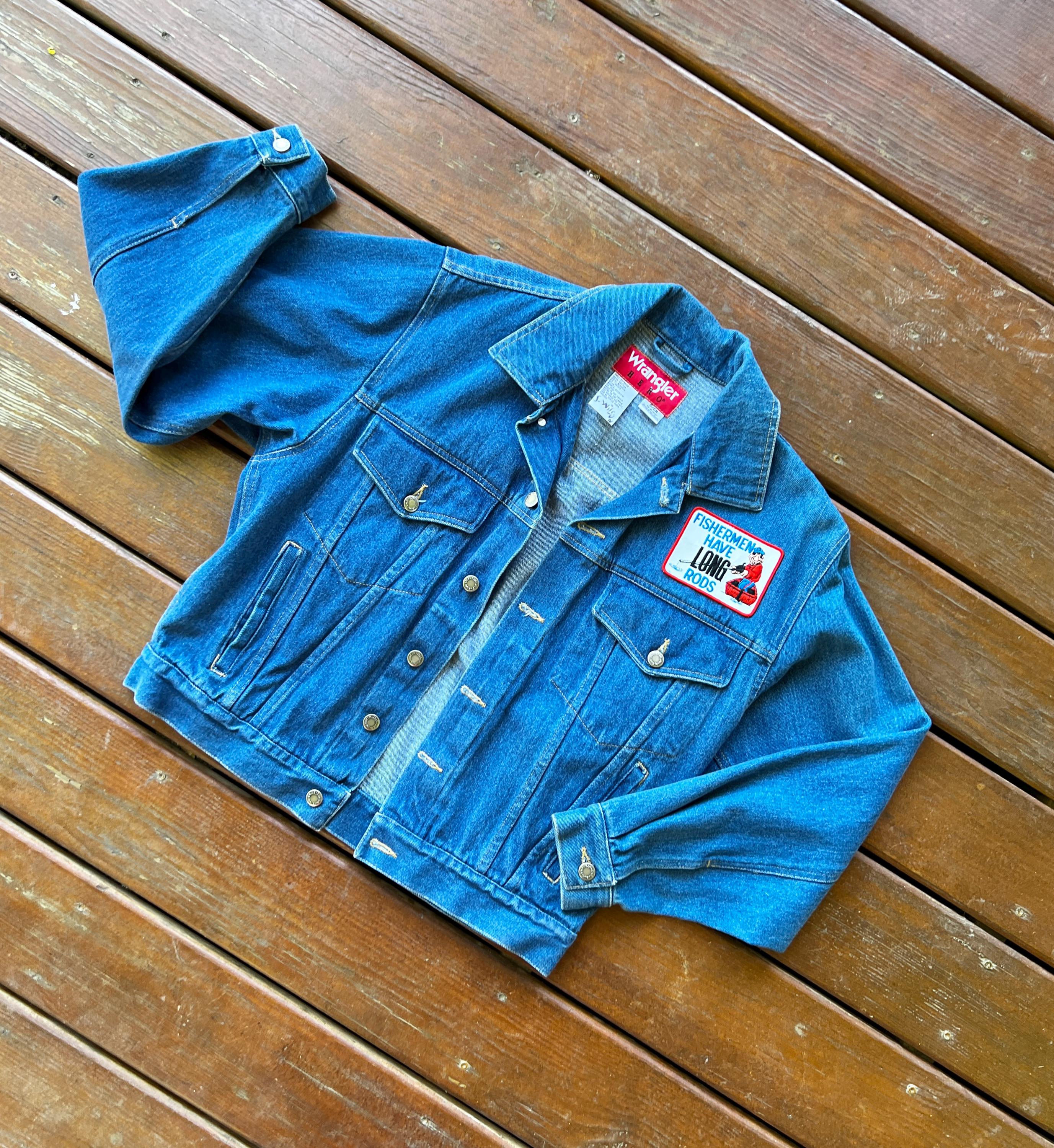 Vintage 90s Wrangler Denim Trucker Jacket, Fishing Patch, Boxy