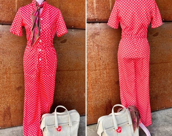 True Vintage 1970s Orange/White Polka Dot Jumpsuit//Darling Fun Polyester Jumpsuit with Drawstring Waist//Front Pockets//B 36 W 28-30