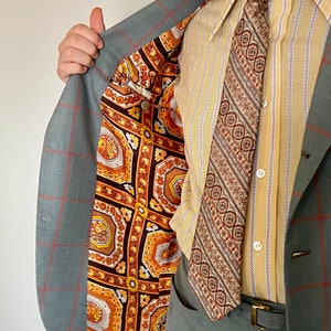 Vintage 1970s Mens Bespoke Plaid and Solid Suit//Dusty blue + Orange Plaid 2pc Suit//Incredible orange Medallion lining//42S