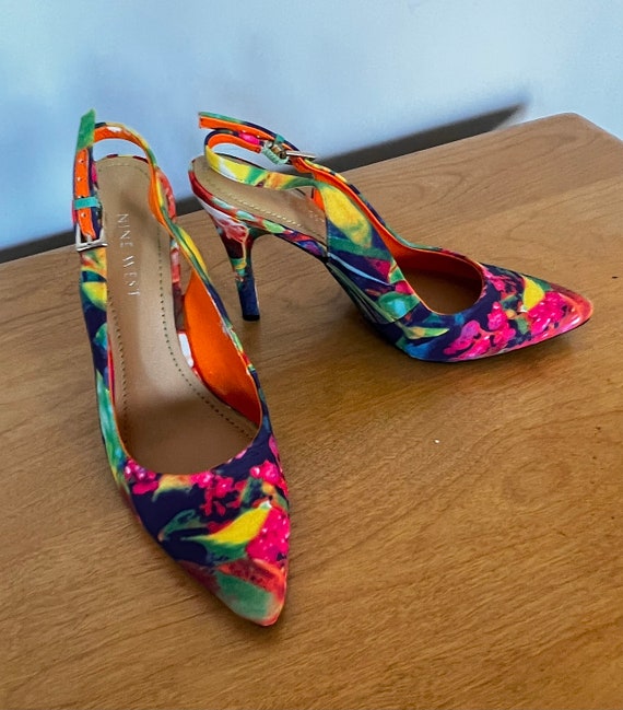 90s High Heel Floral Slingback Pumps//Bright Flor… - image 10