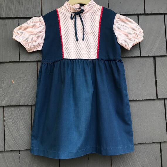 Vintage 1970s Girls Dress//Navy with  Red+White p… - image 5