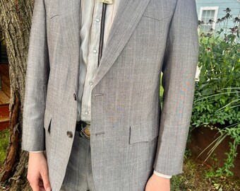 True Vintage Mens 1970s-80s Western 2pc Suit/Shiny Light-Brown & Black Slub Weave//Western Yokes+Belt loops//Angled Hem for Boots//42R 34X32