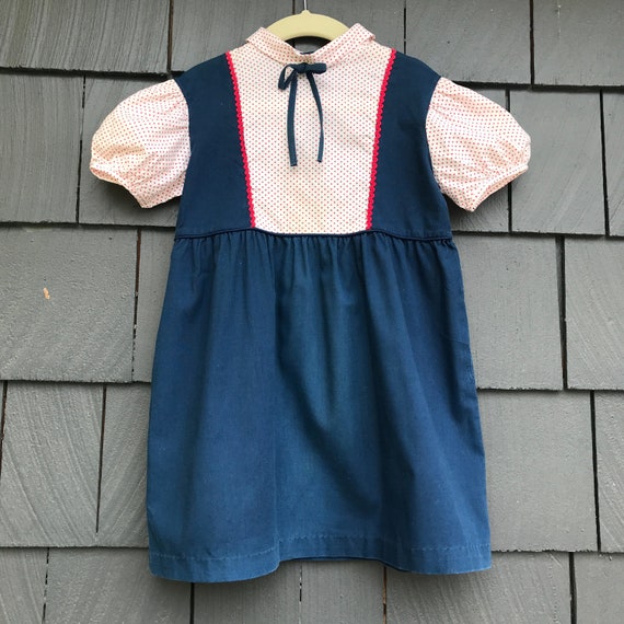 Vintage 1970s Girls Dress//Navy with  Red+White p… - image 1
