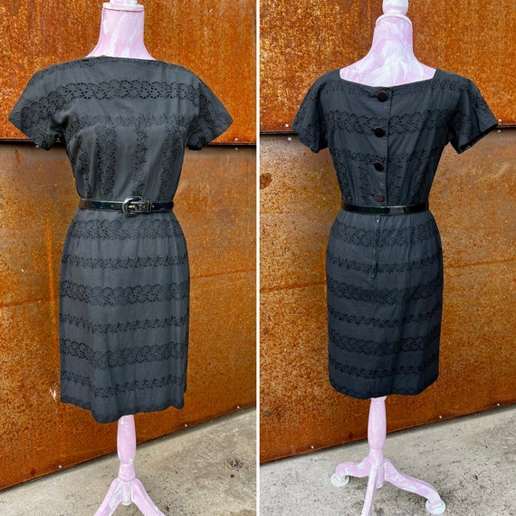 Vintage 1950s-60s Black Eyelet Wiggle dress//Madm… - image 1