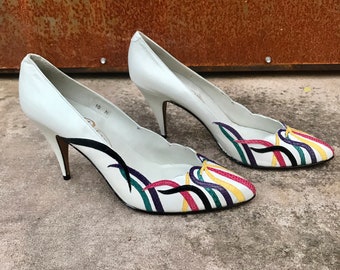 Vintage High Heels 1980s White Pumps white Leather With Bright Multi color Details High Heel Shoes real Leather Python Details us 10 Etsy