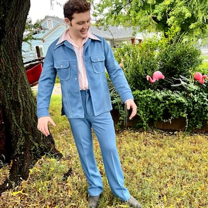 True Vintage Mens 1970s 2pc Mod Suit//Mid-Blue Polyester Knit+White Topstitch//Long Collar/2Pocket Jacket/Slight Flare Trousers//42R 34 X 32