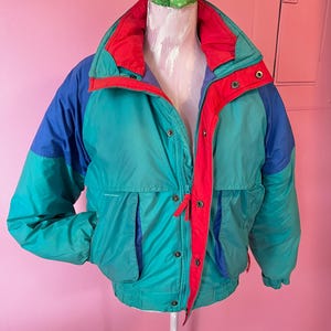 Vintage 1990s Puffer Ski Jacket//Color-Block Green, Red and Blue Classic Ski Jacket// Bright Color Winter Bomber Jacket//Current US Size S-M