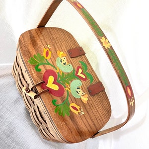 Vintage Folk Art Wood Basket Purse, Hand-Painted Birds & Hearts
