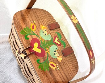 Vintage Folk Art Wood Basket Purse, Hand-Painted Birds & Hearts