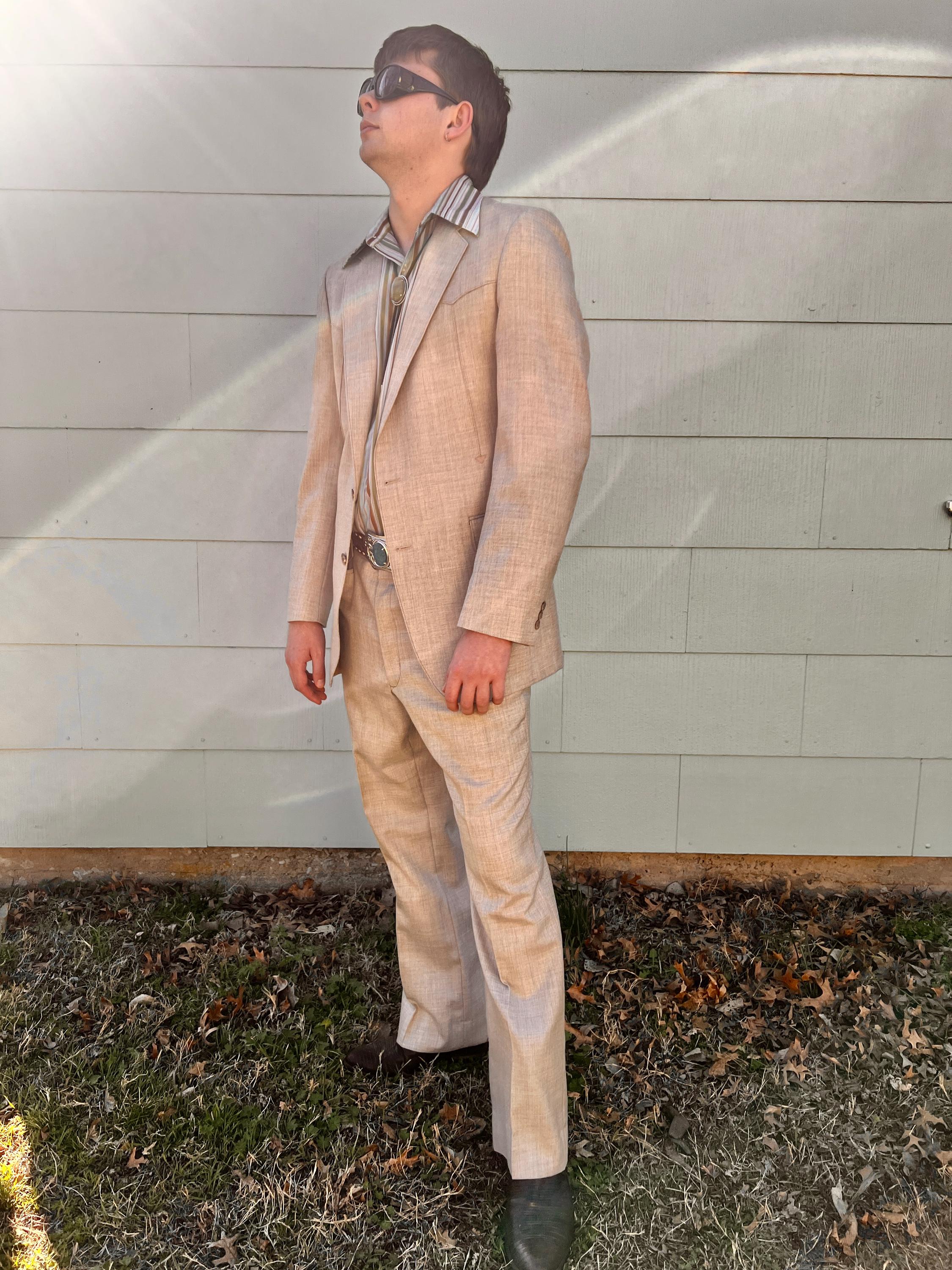 Vintage 70s Mens Western Suit: Light Brown Polyester, Size 40L 