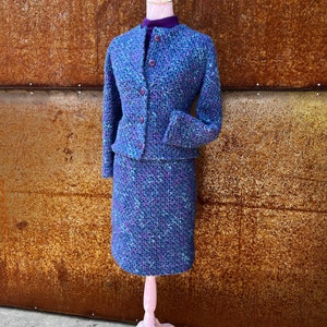 True Vintage 1950-60s Ladies Tweed 3Pc Skirt Suit//Rich Blue+Purple Donegal Tweed//Purple Wool sweater Top, Short Jacket, Pencil Skirt US S