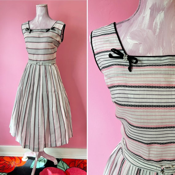 True Vintage 1950s White, Pink and Black Stripe F… - image 1