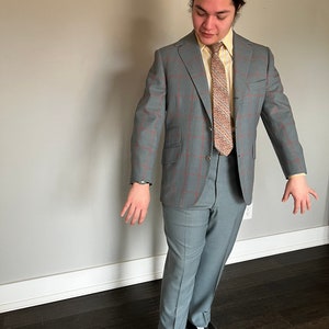 Vintage 1970s Mens Bespoke Plaid and Solid Suit//Dusty blue + Orange Plaid 2pc Suit//Incredible orange Medallion lining//42S