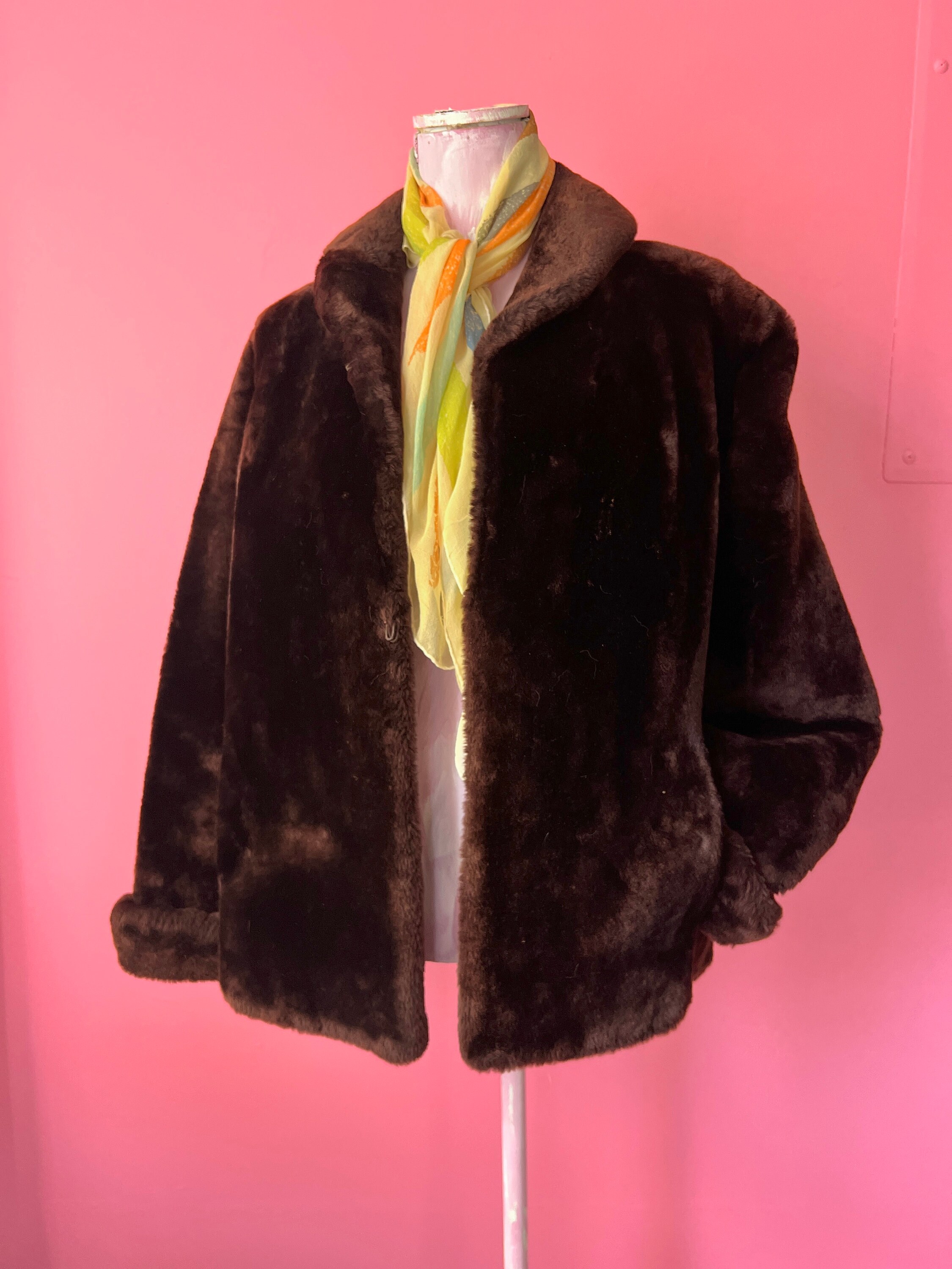 Vintage Chocolate Brown Mouton Fur Jacket, Satin Lined, 1960s-70s