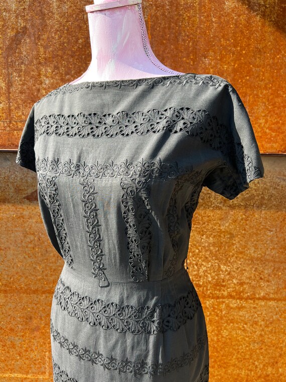 Vintage 1950s-60s Black Eyelet Wiggle dress//Madm… - image 7