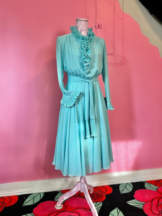 vintage style chiffon dress Vintage 60s Chiffon Dress: Robin's Egg Blue, Ruffle Detail, Mod Style (B40 W28)