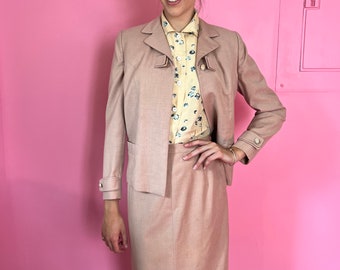 Vintage 1950s Blush Pink Wool Skirt Suit, Rhinestone Buttons, W 28