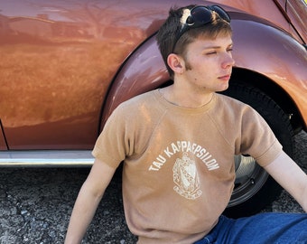 True Vintage 1950s-60s Short Sleeve Fleece Raglan Sweatshirt//Beige Sweatshirt printed w/Tau Kappa Epsilon//Soft and Broken-in Cotton Fleece