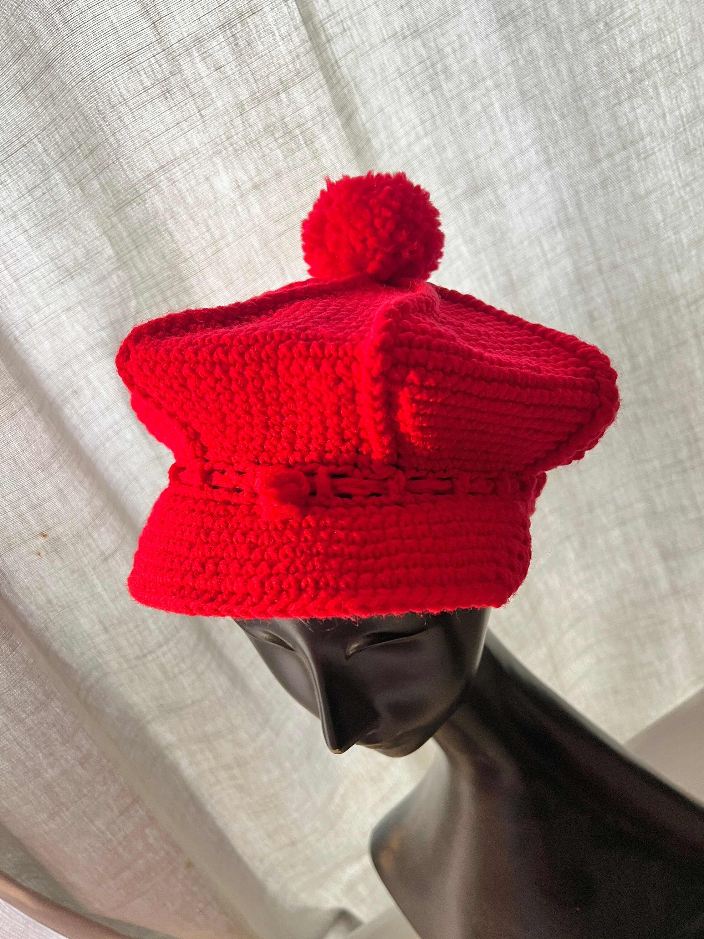 True Vintage 1960s Hand Knit Carnaby-style Hat//bright Red