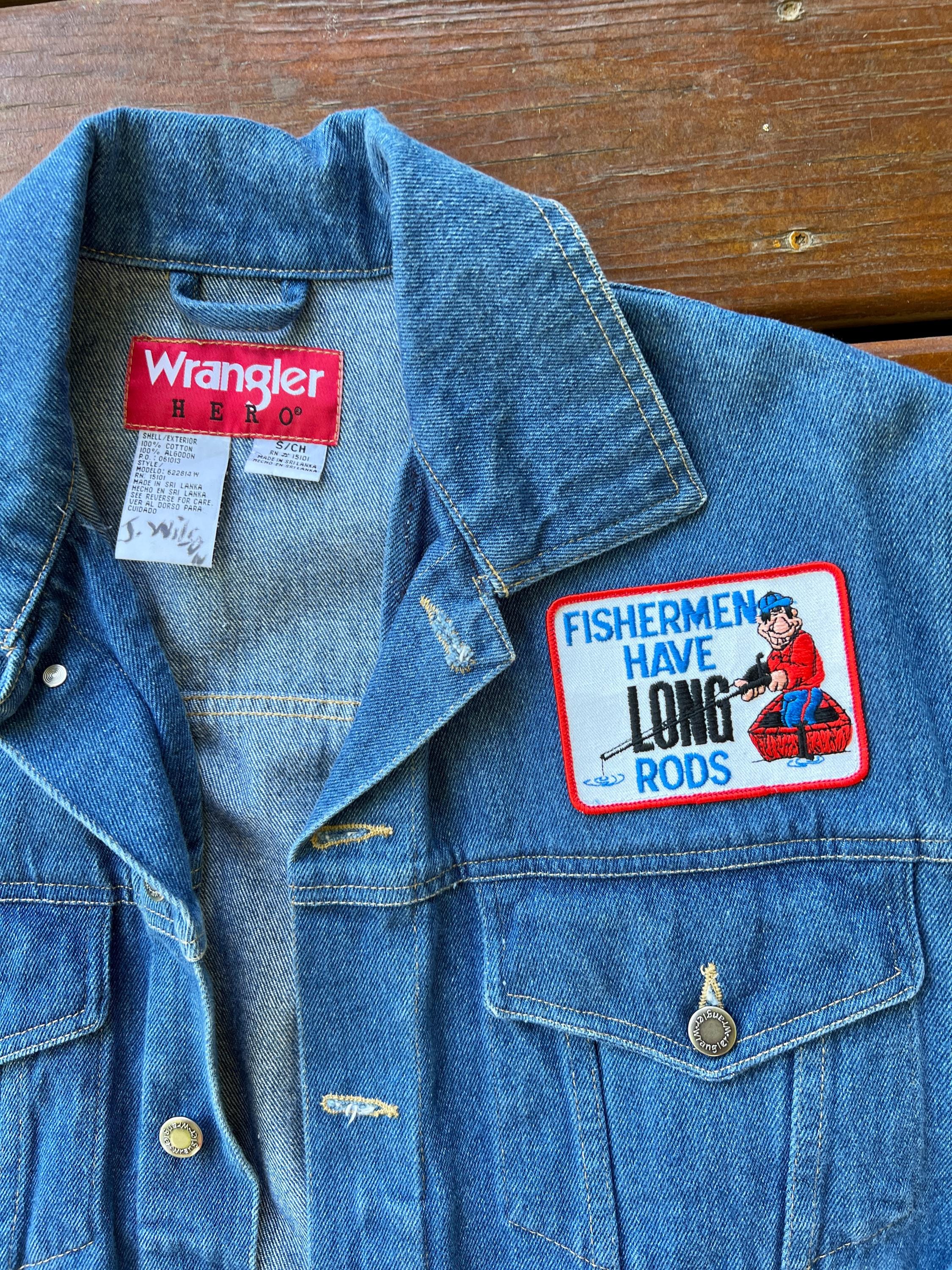 Vintage 90s Wrangler Denim Trucker Jacket, Fishing Patch, Boxy