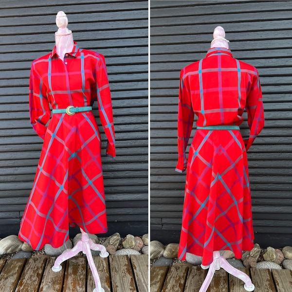 Vintage 1980s Liz Claibourne Red Plaid Dress//Long sleeve Fit and Flare Shirt Dress//Vivid red+teal plaid career dress//Classic 9 to 5