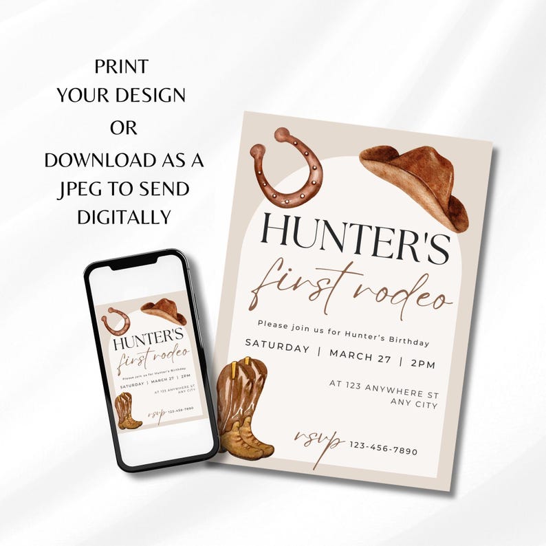 Editable First Rodeo Invitation Template - Cowboy Birthday - Western ...