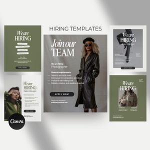 Könnte beinhalten: Eine Sammlung von Stellenanzeigen mit dem Text "Wir stellen ein" und "Werden Sie Teil unseres Teams". Die Vorlagen zeigen Stellen wie Fotograf, Sales Manager, Art Director, Grafikdesigner, Texter und Videograf. Die Vorlagen haben eine neutrale Farbpalette.