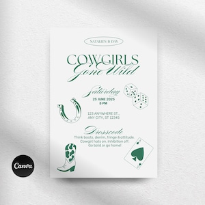 Plantilla de invitación de cumpleaños | Invitación editable para celebrar los 21 años | Invitación de cumpleaños de vaqueras verdes dibujada a mano | Postal de Canva