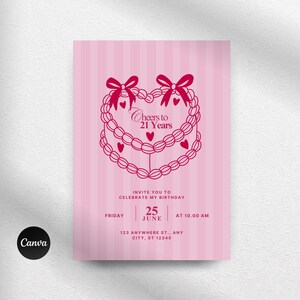 Plantilla de invitación para 21 años | Invitación editable para celebrar los 21 años | Invitación de cumpleaños coqueta, dibujada a mano, en rosa y rojo | Canva