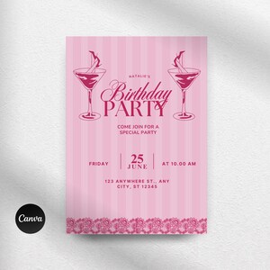 Plantilla de invitación de cumpleaños | Invitación editable para celebrar los 21 años | Invitación de cumpleaños coqueta en rosa y rojo, dibujada a mano | Postal de Canva