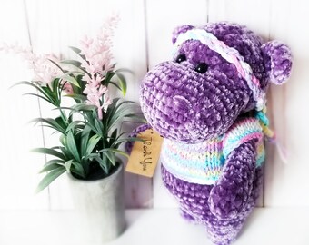 Plush Hippo Tilda Crochet cat Baby gift Stuffed cat Interior doll tilda Decorative doll Crochet gifts Clothes doll