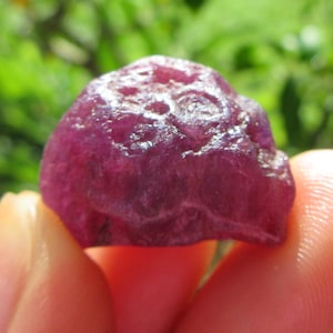 May include: A close-up of a rough, uncut ruby gemstone. The ruby is a deep, saturated red-purple color with a slightly textured surface. The gemstone is held between two fingers, with a blurred green background.