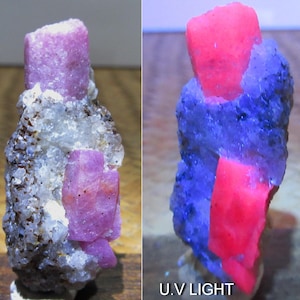 Peut inclure: Un spécimen minéral composé de cristaux roses incrustés dans une matrice grise et blanche texturée. À droite, le même spécimen sous lumière ultraviolette révèle des cristaux roses fluorescent en rouge néon sur un fond bleu.