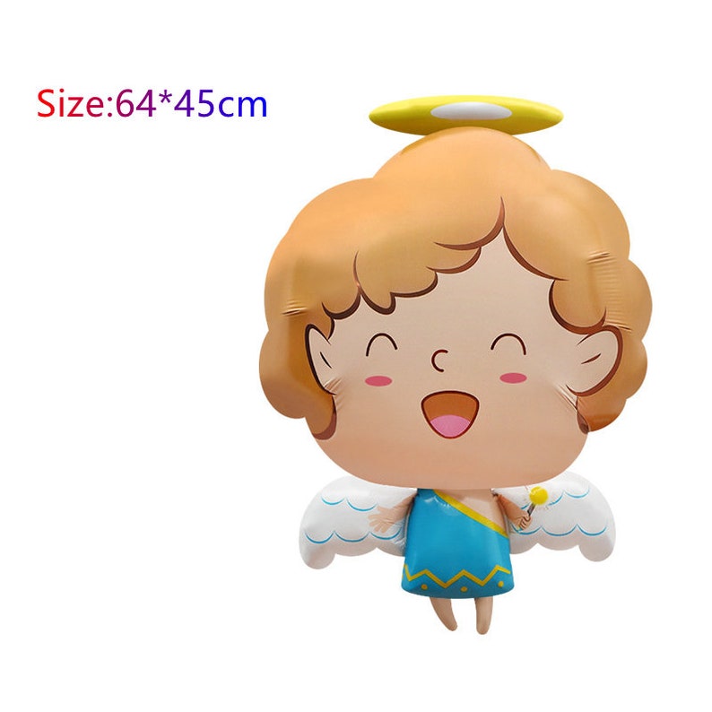 May include: A large, inflatable angel balloon with a yellow halo, blue wings, and a blue and yellow dress. The angel has a smiling face with rosy cheeks and curly blonde hair. Size: 64*45cm.