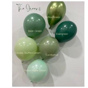 May include: Six different green latex balloons with the names of the colours written below each balloon: Reflex Green, Bean Green, Evergreen, Double Stuffed Green, Eucalyptus, and Pastel matte Green. The text "The Greens" is written at the top of the image.